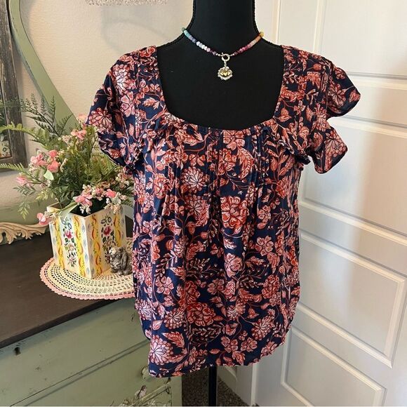 Old Navy Blue Coral Paisley Floral Flutter Ruffle Sleeve Boho Blouse Sz XS - Picture 2 of 10